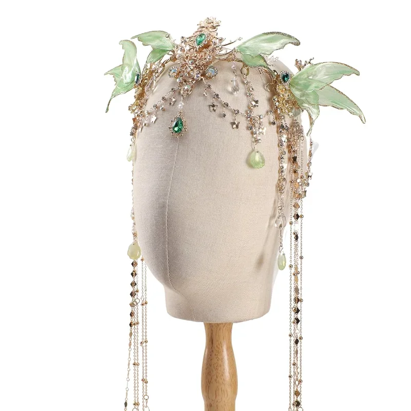 

Головной убор с короной феи-бабочки и эльфа, тиара с крыльями бабочки и кисточкой, эльфийские свадебные аксессуары для Хэллоуина, фантазийные аксессуары для женщин