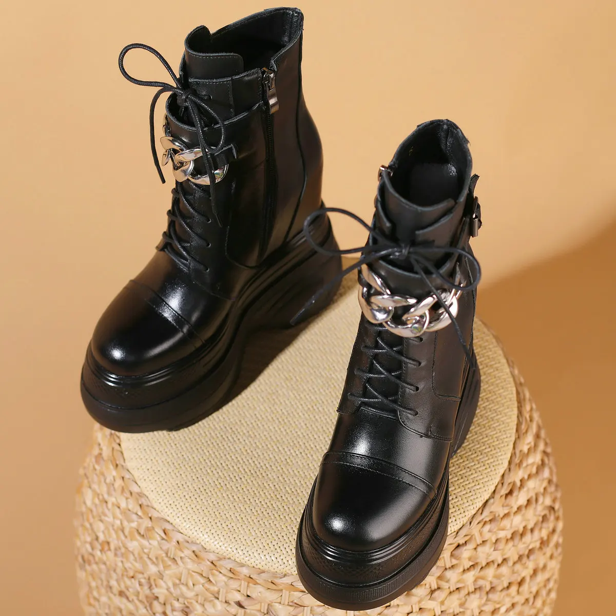 Sapatos chiques de corrente para mulheres, com renda, cunhas de couro genuíno, salto alto, dedo do pé redondo, botas de neve casuais, tênis feminino