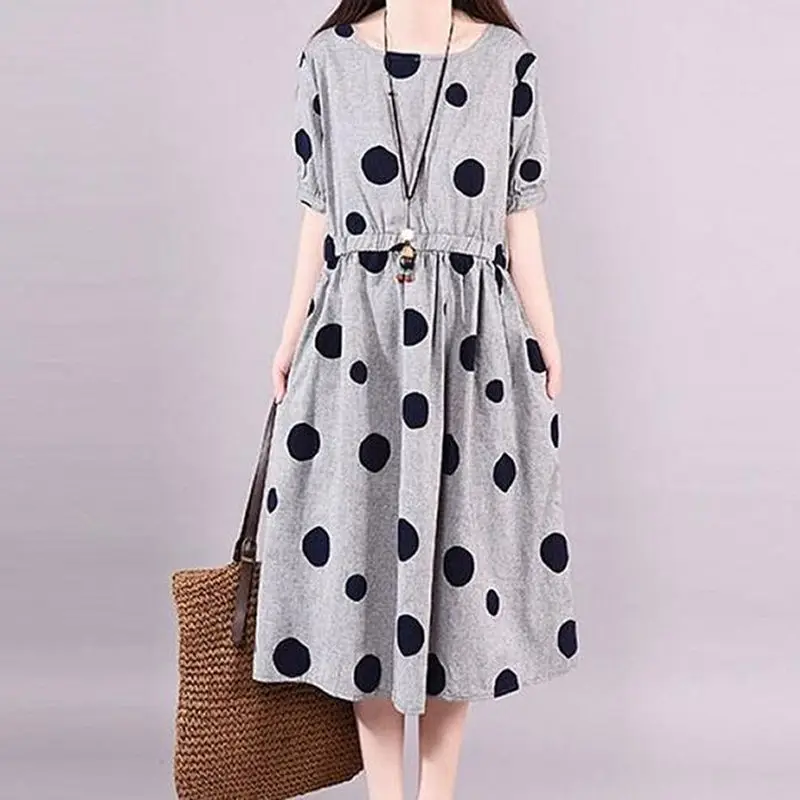 

2024 Women's Summer New Korean Long Cotton Linen Dress Female Loose Polka Dots Dresses Ladies Short Sleeve Casual Vestidos V85