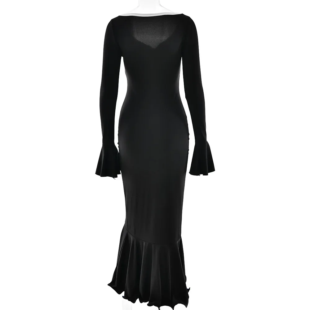 Frauen Sexy Farbe Patchwork Tasten Bodycon Rüschen Saum Maxi Party Kleid V-ausschnitt Flare Volle Hülse Schlank Urlaub Outfits Lange Robe