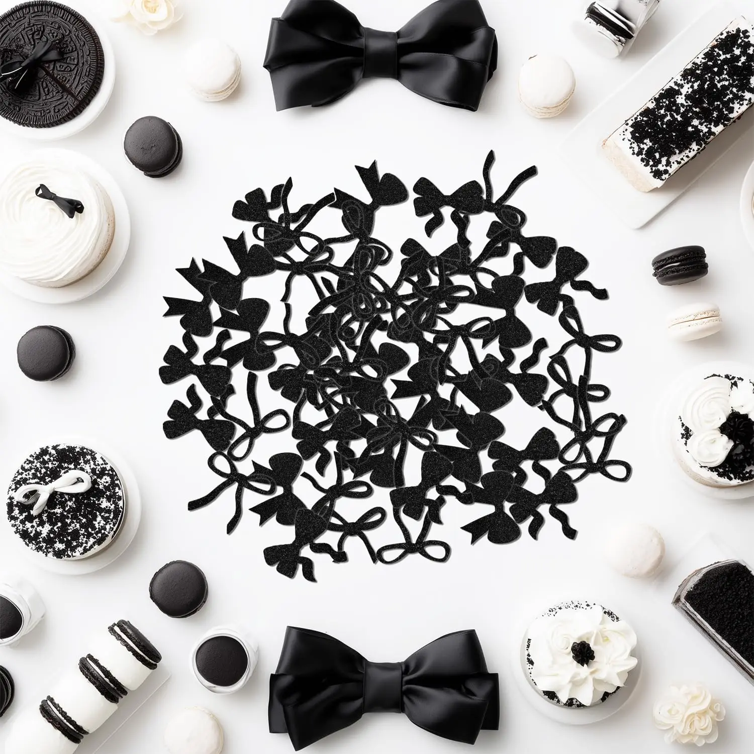 120 Stück schwarzes Schleifenkonfetti, Geburtstag, Babyparty, Hochzeit, Brautparty, Verlobungsfeier-Zubehör – Detail 3