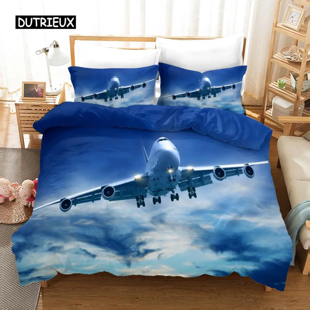 

Plane Duvet Cover Microfiber Airplane Flying Through The Blue Sky Plane Theme Bedding Set for Boys Girls Double Queen King Size