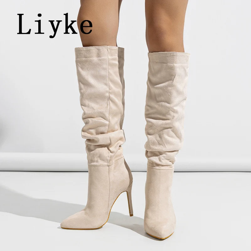 Liyke Sexy Pointed Toe Motorcycle Knee High Boots Women Fashion Pleated Autumn Winter Pink Long Shoes High Heels Botas Mujer