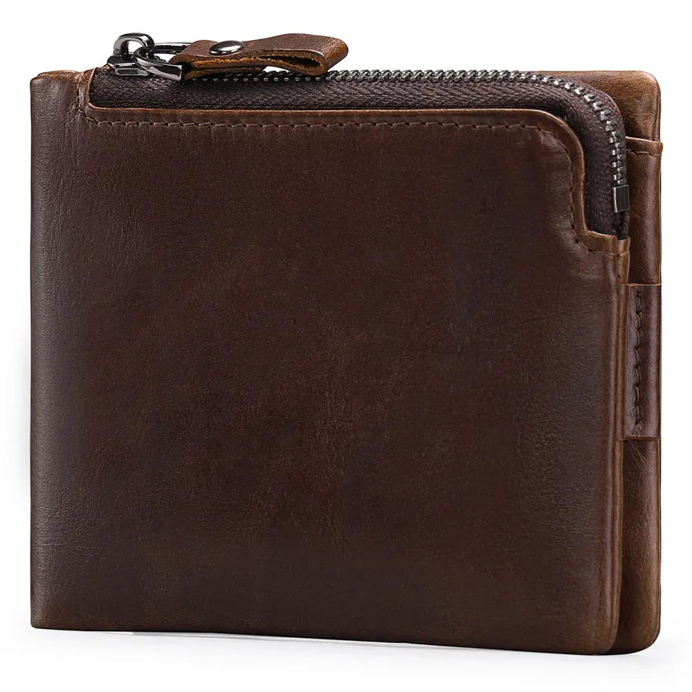 Men's Wallet RFID Anti-theft Brush Leather Short Wallet with Multiple Card Slots, Retro Zipper Wallet, 20% Discount Coin Purse