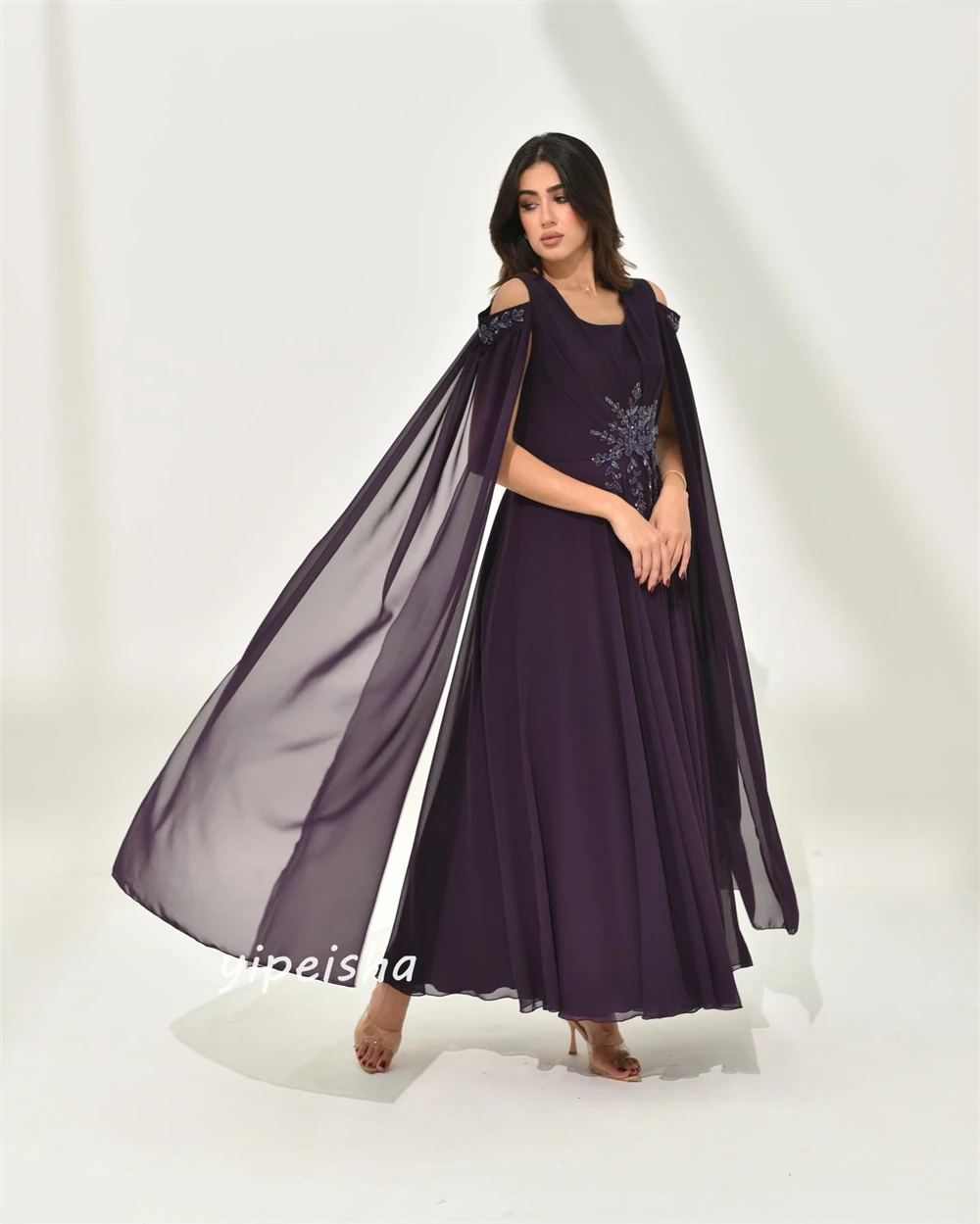 Ballkleid Saudi-Arabien modernen Stil von der Schulter A-Linie Applikationen Perlen Chiffon maßge schneiderte Anlass Kleider Ballkleider