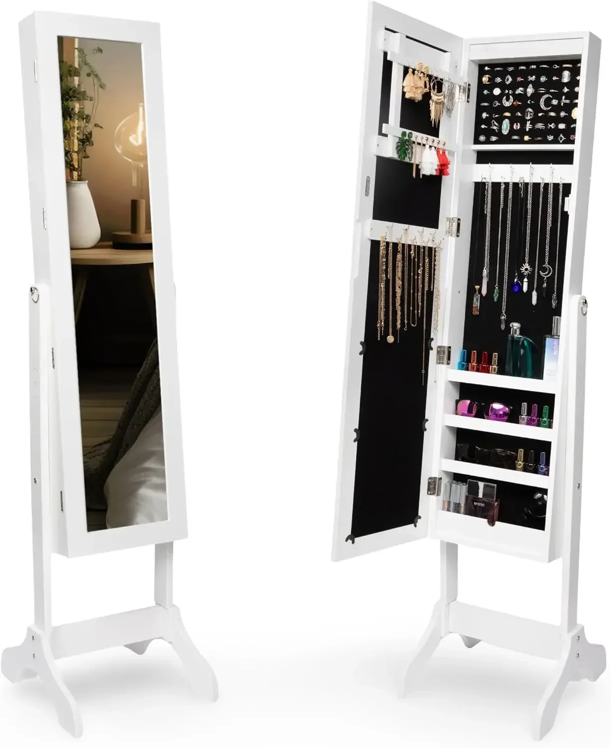 Armoire à Bijoux Lumineuse LED avec Miroir, Grand Rangement, 57 Pouces de Haut, Boîte à Colliers et Bagues, 27 Crochets, pour Bol