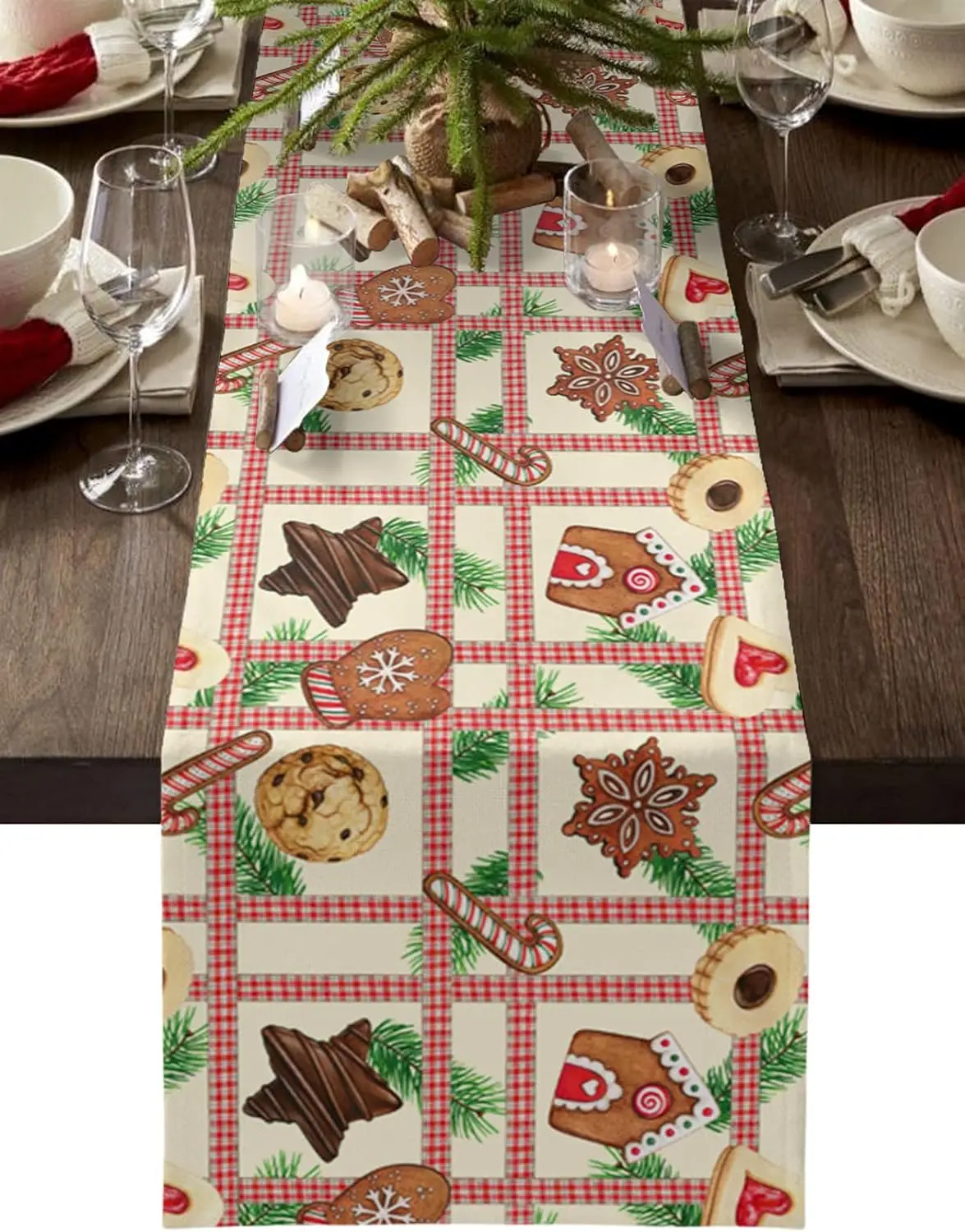 Christmas Gingerbread Man Pine Needles Checkered Table Runner Party Decor Reusable Xmas Kitchen Table Runner Navidad Decorations