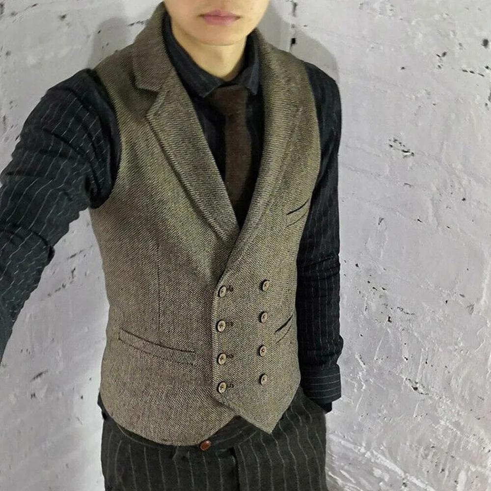 

Suit Vest for Men's Suit Vintage Herringbone Fabric Casual Business Style Double-Breasted Notch Lapels Elegant Man Vest Classic