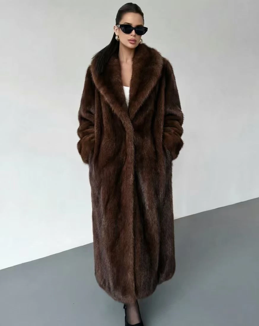 Chic Women Long Fluffy Fur Coat Lapel Collar Drop Shoulder Open Front Floor Length Winter Outerwear