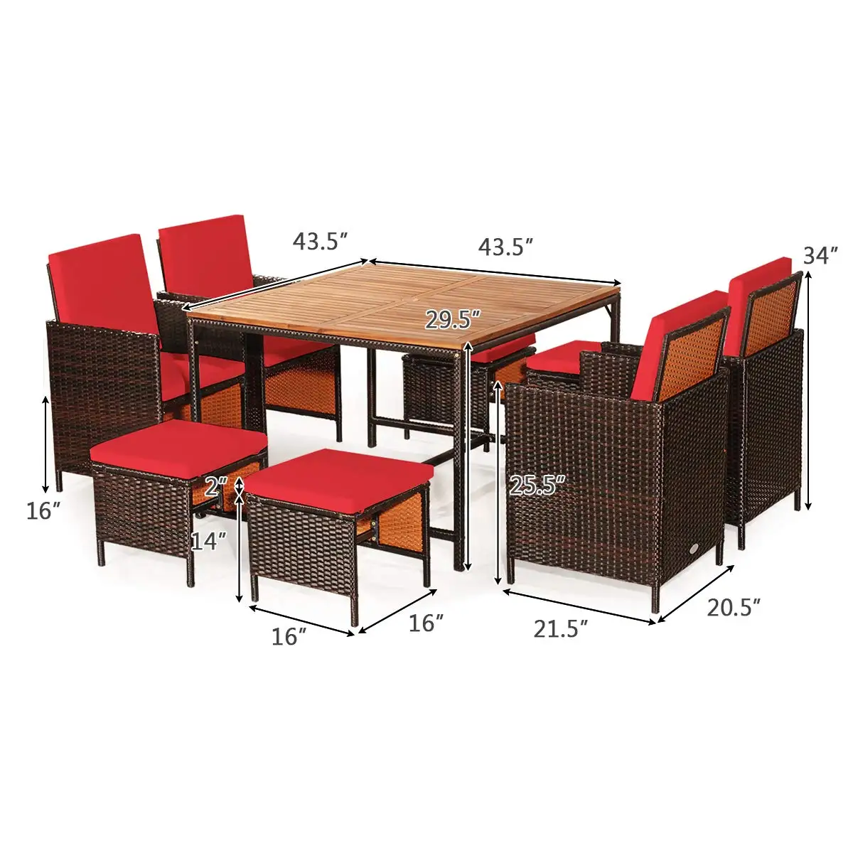 Patio Dining Set 9PCS Acacia Wood Table Wicker Chair Ottoman Cushioned Space-Saving Backyard Garden Poolside, Customized