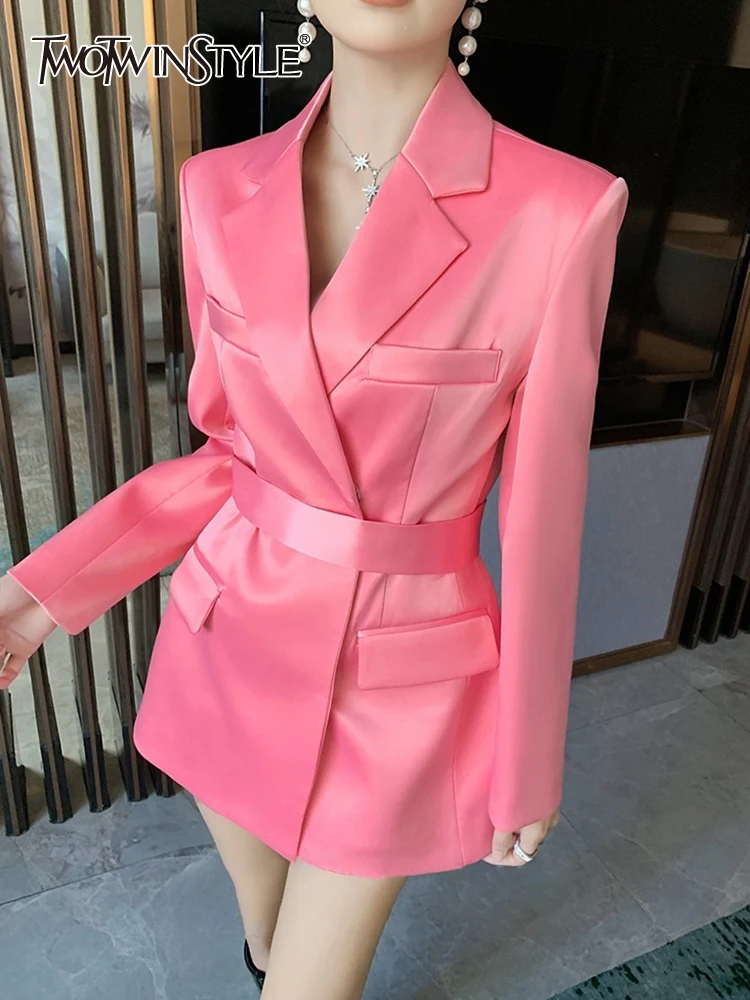 TWOTWINSTYLE Fashion Sashes Solid Blazer For Women Notched Collar Long Sleeve Single Breasted Blazers Female Clothing 2024 New