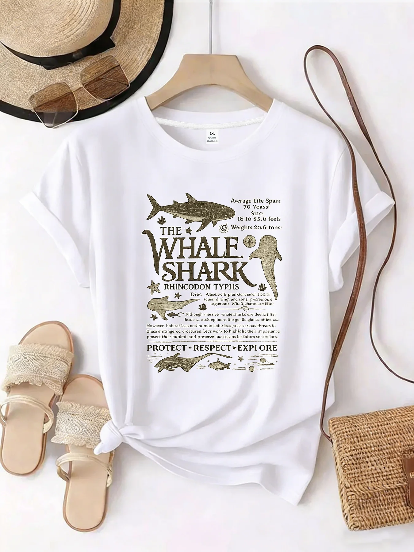 

【WZM101453】Shark Era printed plus size women's round neck summer casual short sleeved street fashion versatile T-shirt