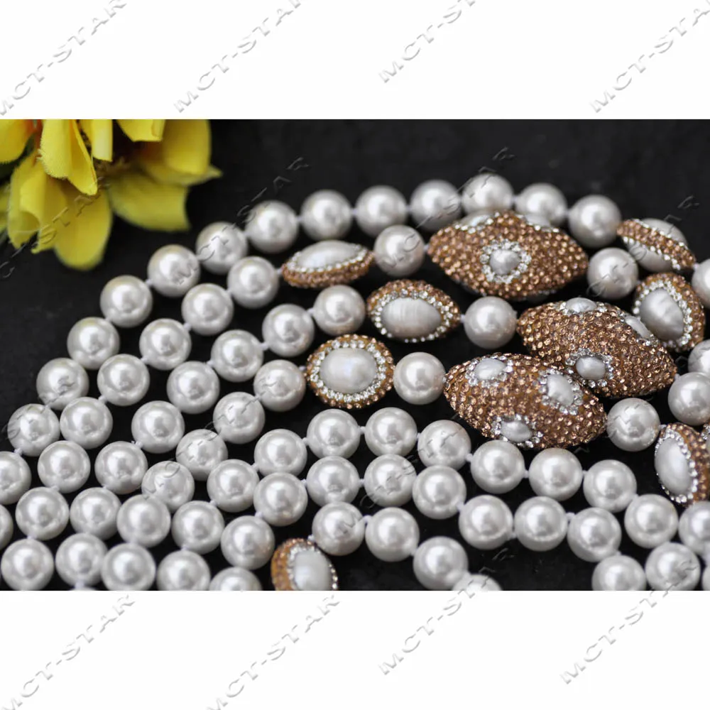 Z14253 Long 100" 30mm White Shuttle Rice CZ Bead Round Shell Pearl Necklace
