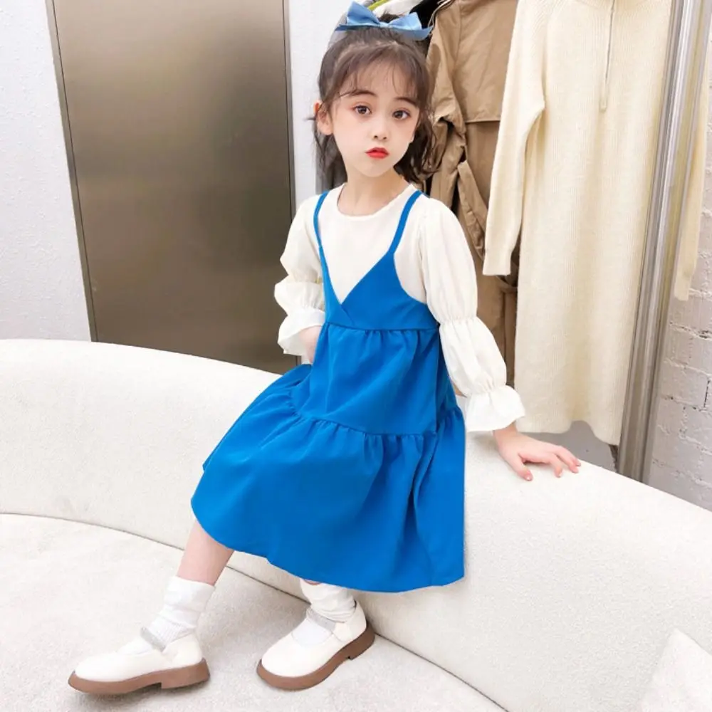 

High Waist Pleated Lace Princes Dress Bowknot Loose Girls Long Dress Sweet A-line Children Long Sleeved Dress Spring/Fall