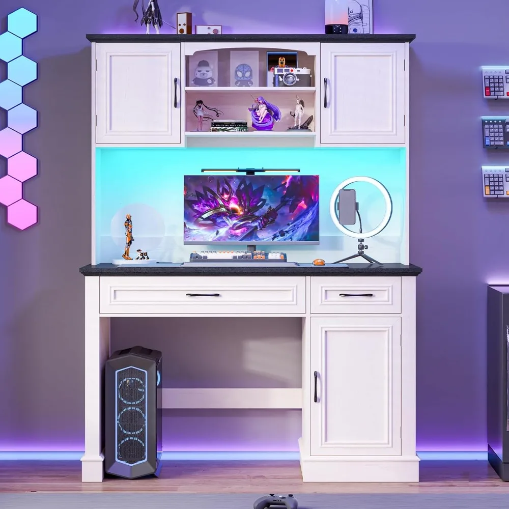 

Farmhouse 47" Executive Desk with Hutch, 2 Drawers and LED Light, Computer Desk with Storage Cabinet and Charging Station,Workst