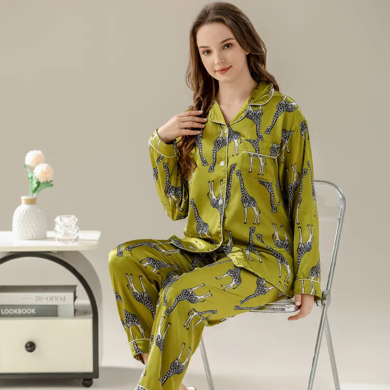 Women's Pajamas Sets Spring Autumn 2 Piece Giraffe Print Pyjama Faux Silk Satin Sleepwear Long Sleeve Pijama Mujer Pjs Homewear