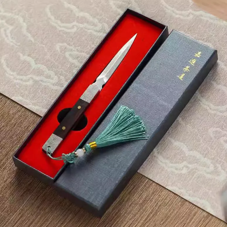 Zen Tea Knife Handmade Tea Needle Black Sandalwood Damascus Pattern Steel Puer Tea Knife Tea Set Accessories