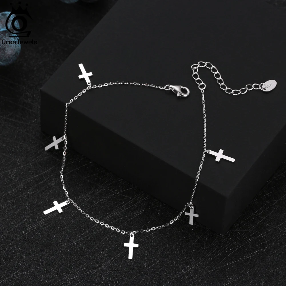 ORSA JEWELS 100% Sterling Silver Paperclip Chain Anklet with Cross Pendants Double Layered Foot Chain Stacking Anklet Beach SA22