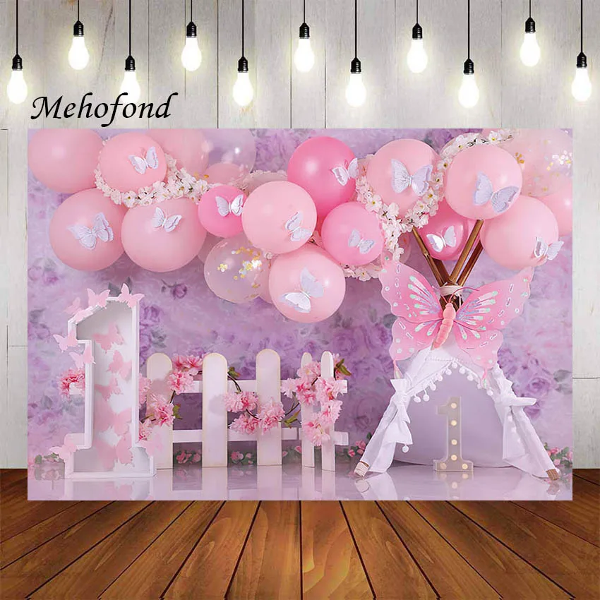 Mehofond Photography Background Pink Balloon Garden Floral Butterfly Girl 1st Birthday Party Portrait Decor Backdrop Photo Studi