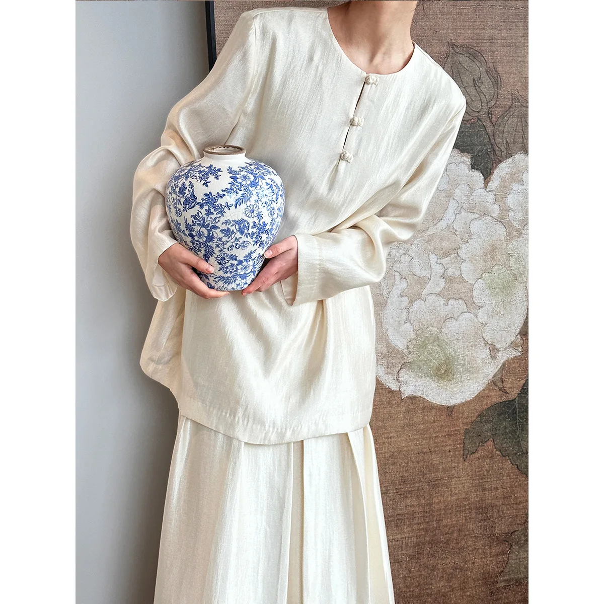 UMI MAO New Chinese Style Set Women's Fashion Style Round Neck Shirt+Pleated Half Skirt Two Piece Set