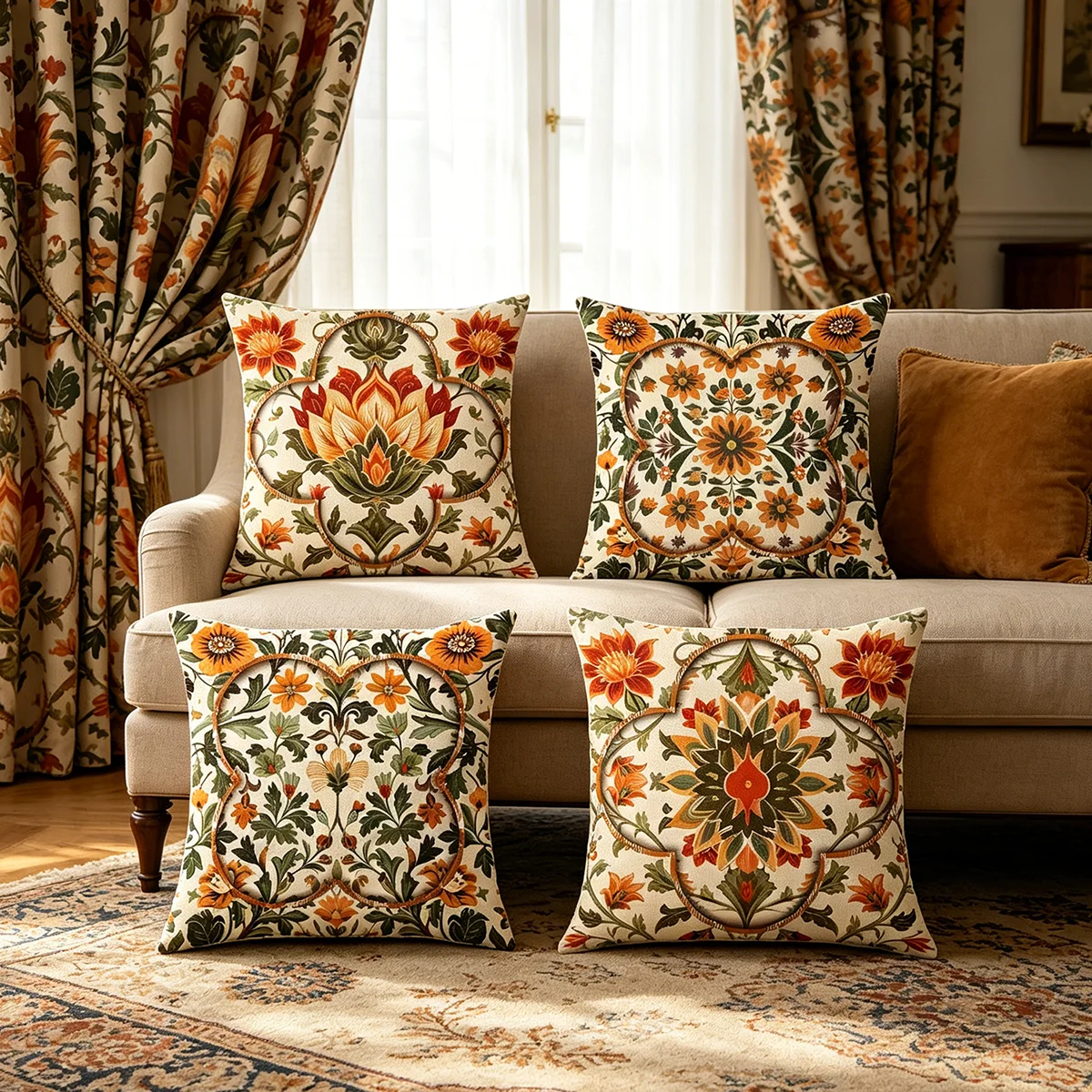 4PCS Digital Print Pillow Covers, Cushion Covers, Vintage Boho Floral Medallion Mandala Retro Bohemian Daily Home Decor