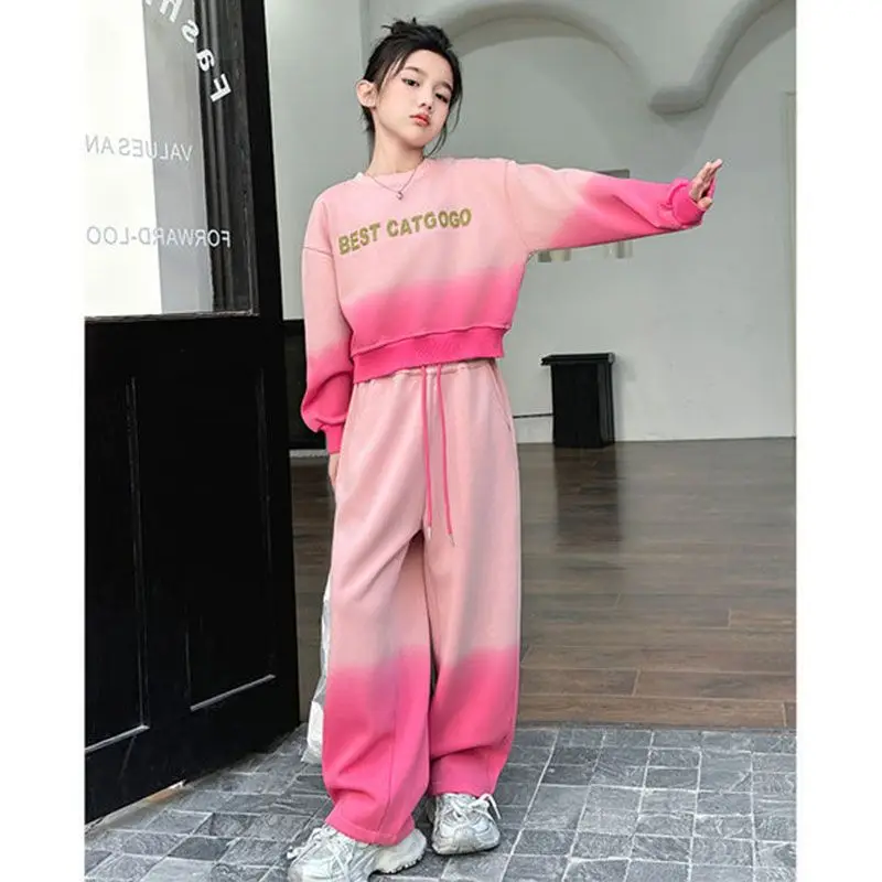 2026 spring Teenager Clothes Children Set batwing Crop Top sweatshirt top and bottom wide leg Pant suit tracksuit 4 8 12 14 year