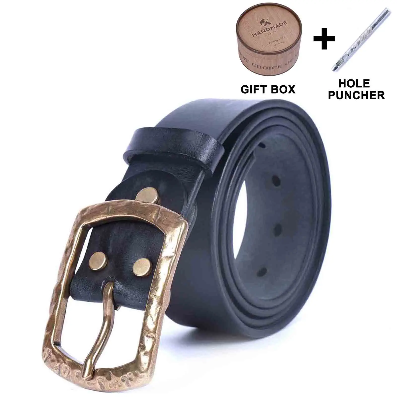 Genuine Leather Men's Belt With Solid Brass Buckle,Handmade Casual Pin Buckle Belt With Gift Box,Thickened Italian Leather