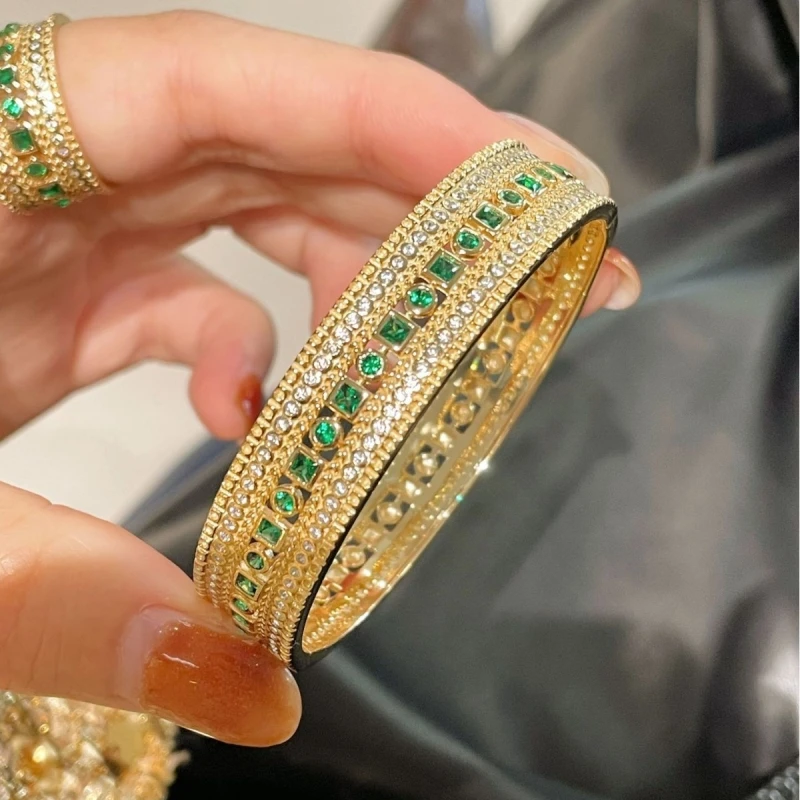 

BELLUX 925 Silver Gold Plated Bracelet Vintage Italian Fine Brushed Hollow Full Diamond Synthetic Muzo Emerald Bangle