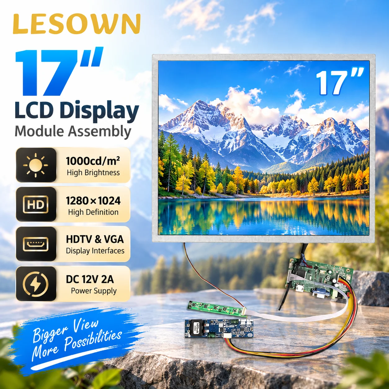 LESOWN 17 Inch LCD Screen Module 1000 Nits 1280x1024 HDTV VGA LVDS Display Kit for Embedded Industrial Control System