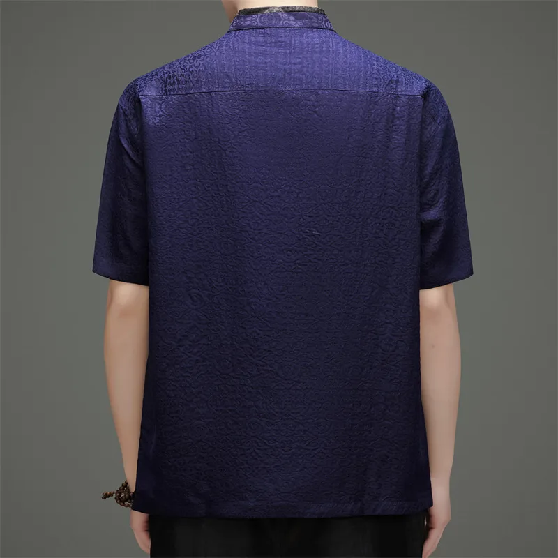 Mulberry Silk 100% Blue T Shirt For Men Short Sleeve Deep V-Neck Summer Quality Lightweight Coolness Premium Camisetas De Hombre