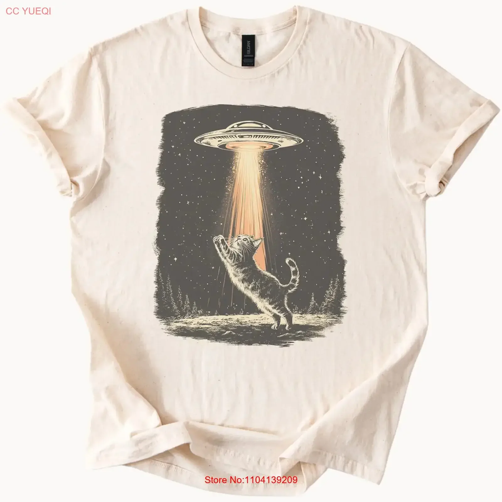 Alien Abduction Cat T Shirt Funny UFO  vintage Washed Breathable Versatile Slightly streetwear fashion graphic