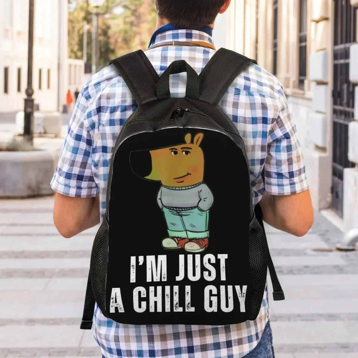 Ransel Meme Lucu Anjing I'm Just A Chill Guy Kustom untuk Wanita Pria Tas Sekolah Perguruan Tinggi Tahan Air Tas Buku Cetak