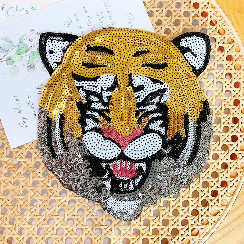 Tiger Sequins Embroidery Patches, Cartoon Animal, Large Embroidery Patches for Clothes, Jacket, Jeans Applique, Iron On Patches