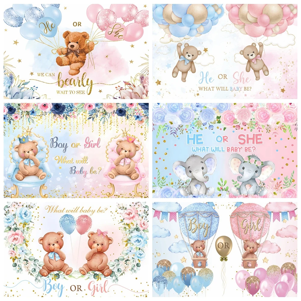 Fondo de fotografía de revelación de género para niño o niña, globo azul y rosa, elefante, oso, Baby Shower, fiesta de cumpleaños
