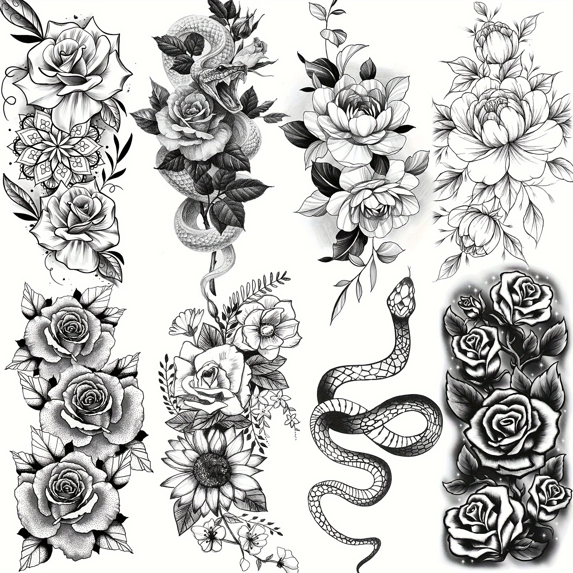 1 Sheets Snake Flower Temporary Tattoos For Women Adults Henna Rose Tattoo Temp Sticker Fake Peony Body Art Arm Leg Forearm
