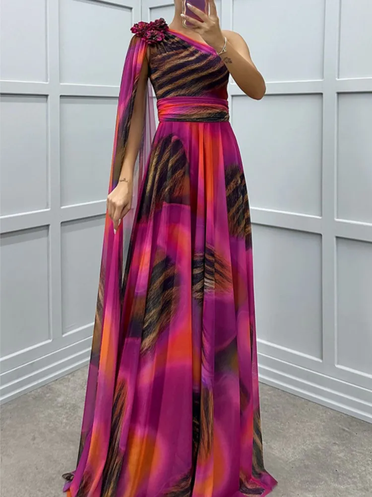

Summer Printed Skew Collar Long Dress Women 2025 Fashion Elegant Sexy One Off Shoulder Patchwork Party Sleeveless Maxi Dresses