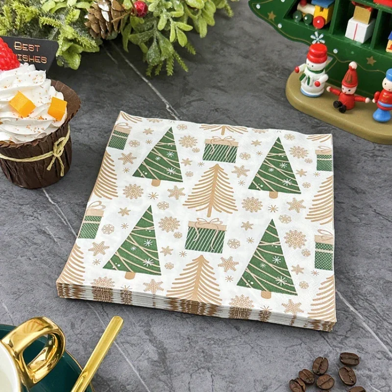 クリスマスパーティーのカラフルなナプキン、木の印刷されたティッシュ紙、お祝いの装飾、口の布、33x33cm、10個、パックあたり20個