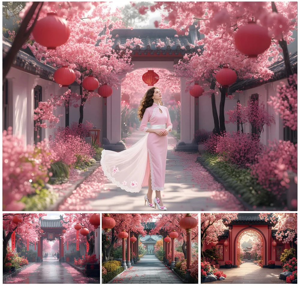 

Весенние фоны с цветами вишни для фотографий, китайский сад, цветы, мост, детский день рождения, свадьба, портретный фотофон