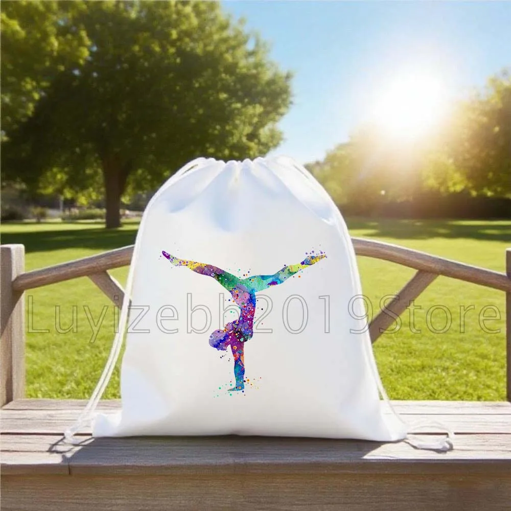 Gymnastics Girl Silhouette Handstand Tumbling Colorful Watercolor Art Canvas Drawstring Backpack Sports Gym Sackpack String Bags