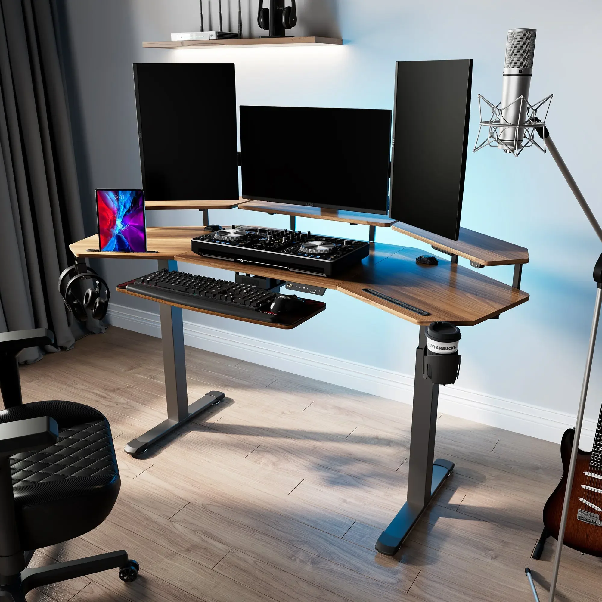 ！@Combohome  Office Table ,Gaming Desk ,Writing Table for Living Room,computer Office Desk Pro Wing-Shaped Standing Desk-Brown