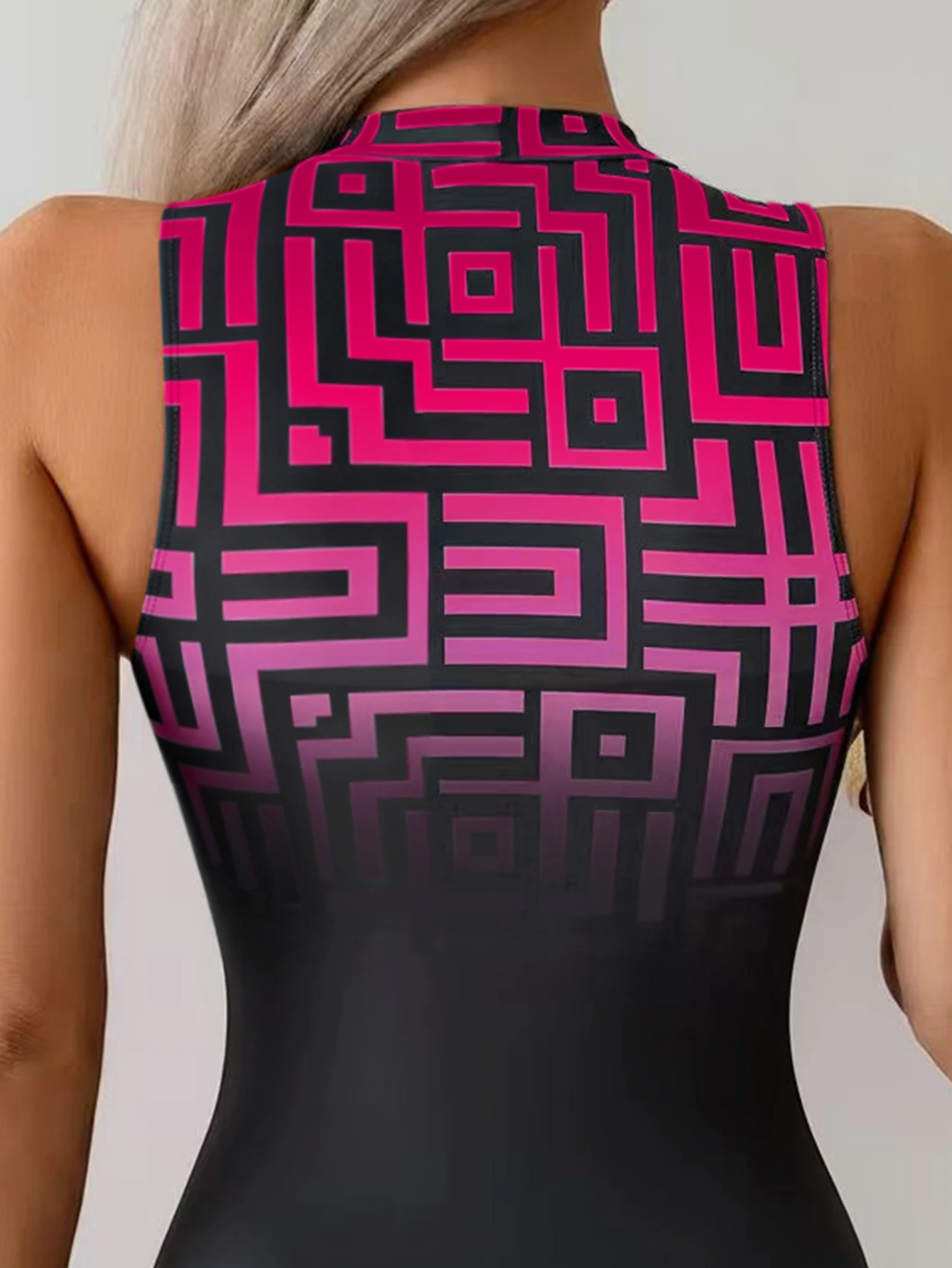 Women's Zipper Front One-Piece Swimsuit, Geometric Print Sleeveless Rash Guard, Quick Dry Surf Swimwear view 5