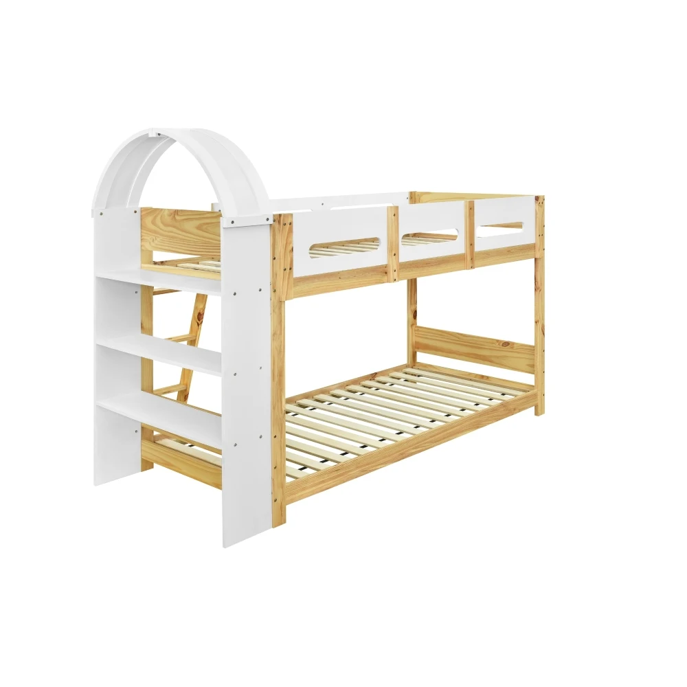 Kinder-Etagenbett mit 3-stufigem Regal, 3-stufiger Leiter und Sicherheitsgitter – stabile Lattenrostkonstruktion, geeignet für Kinderzimmer (ohne Matratze). – Detail 17