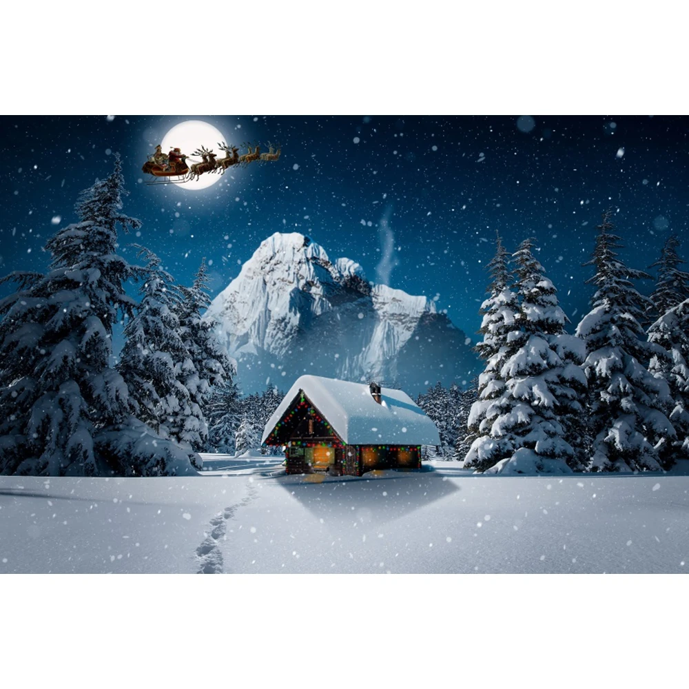 Winter Christmas Backdrop Starry Sky Moon Night Snowflake Pine Tree Forest Natural Scene Xmas kids Portrait Photo Background