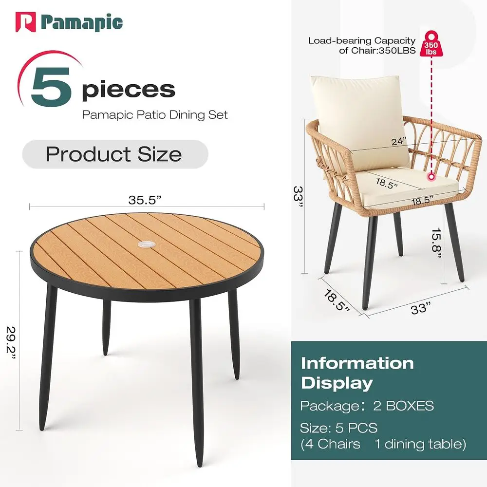 5-Pieces Patio Dining Set with Wood Table Top, All-Weather PE Rattan Patio urniture Set, Outdoor Dining urniture with Removable