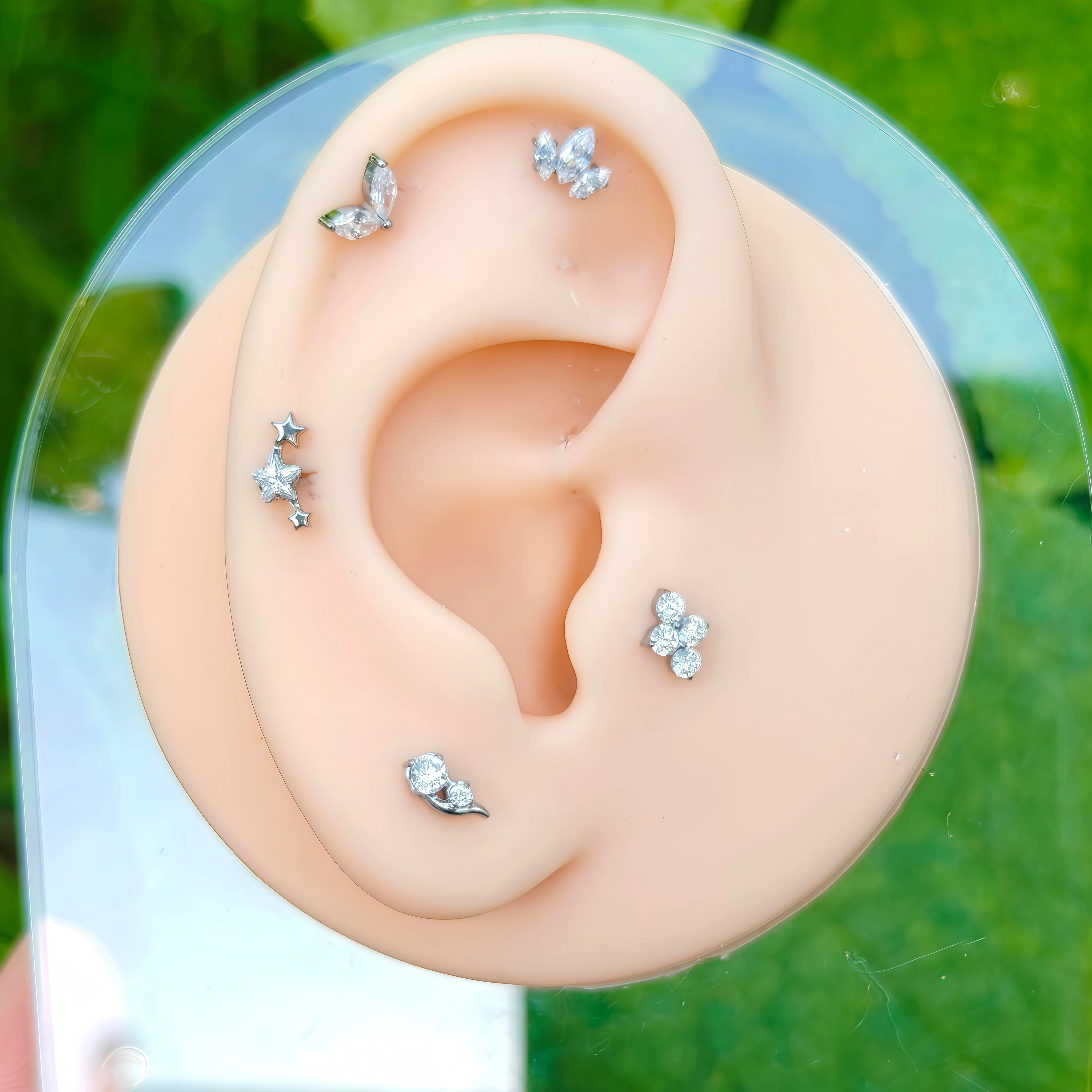 ASTMF136 Titanium 16G Triple Star Earrings Zircon Pentagram two Marquise Lip Nails Internal Thread Perforated Body Jewelry