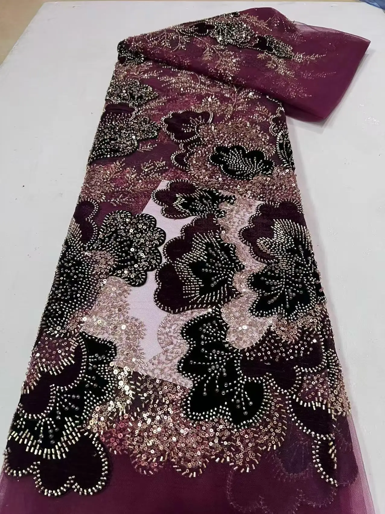 2026 Beaded Lace Velvet Fabric 5 Yards Women's Luxurious Embroidery Long Evening Dress Ankara Fabric for Fall