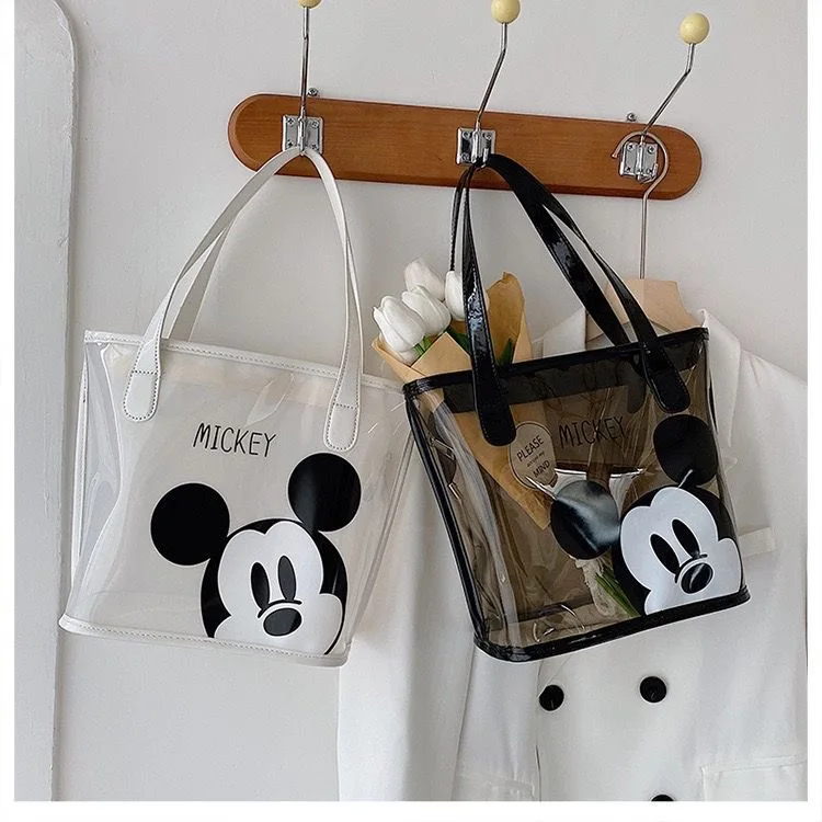 

Disney Mickey Solid Color Transparent Women's Bag Fashion Large Capacity Jelly Bag Cartoon Cute Shopping Bucket Bag
