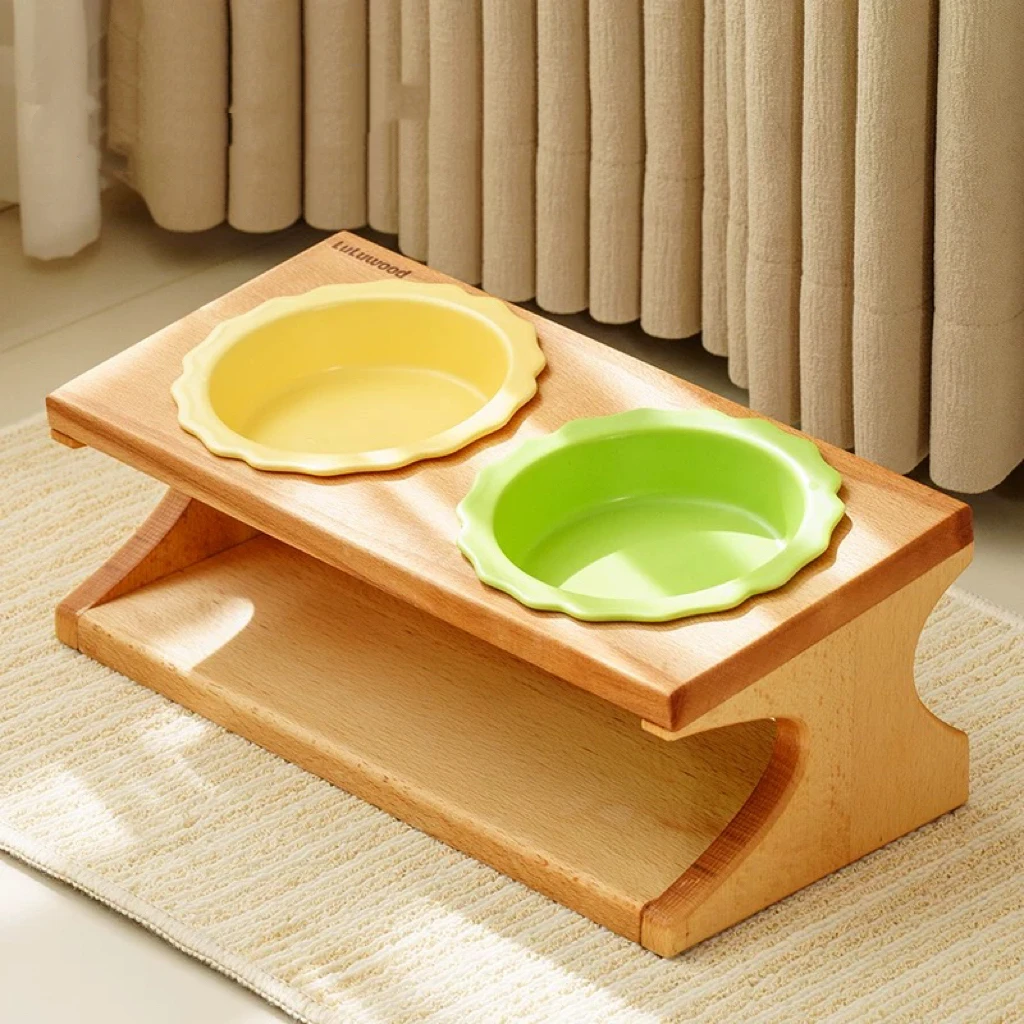 

Beech pet bowl, ceramic double bowl, anti-overturning neck protection, universal for cats and dogs