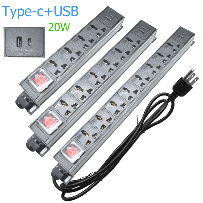 

PDU Power Strip Type-C+USB Universal Outlets Socket double break switch 3500W 2Meter extension cable Cabinet Mount