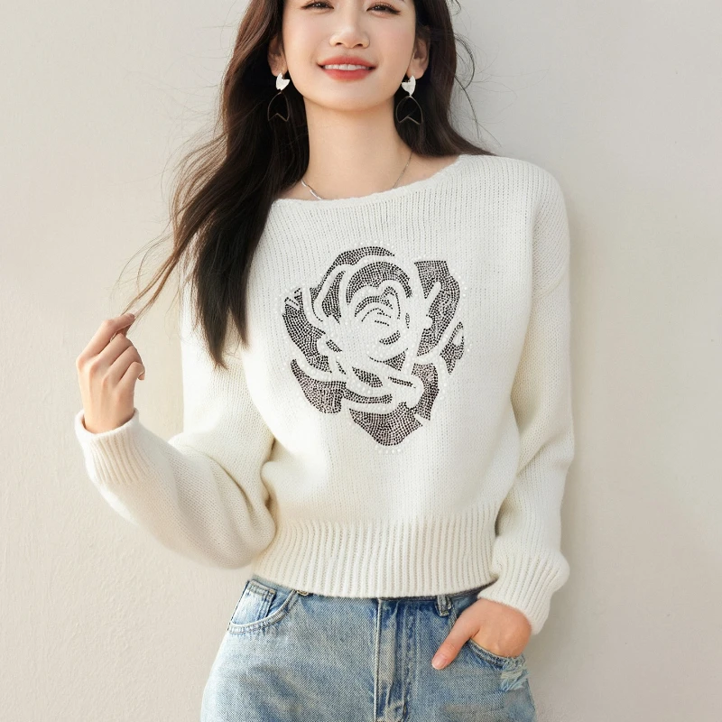 

Осень-зима 2022, новые элегантные стильные вязаные пуловеры с горячей дрелью, свитер, женские шикарные повседневные свитера с круглым вырезом и длинными рукавами, джемперы